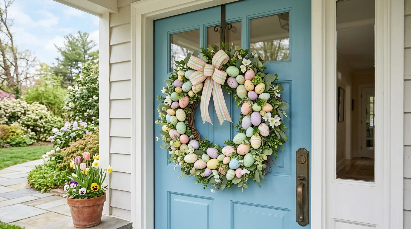 Pastel Easter egg wreath on front door